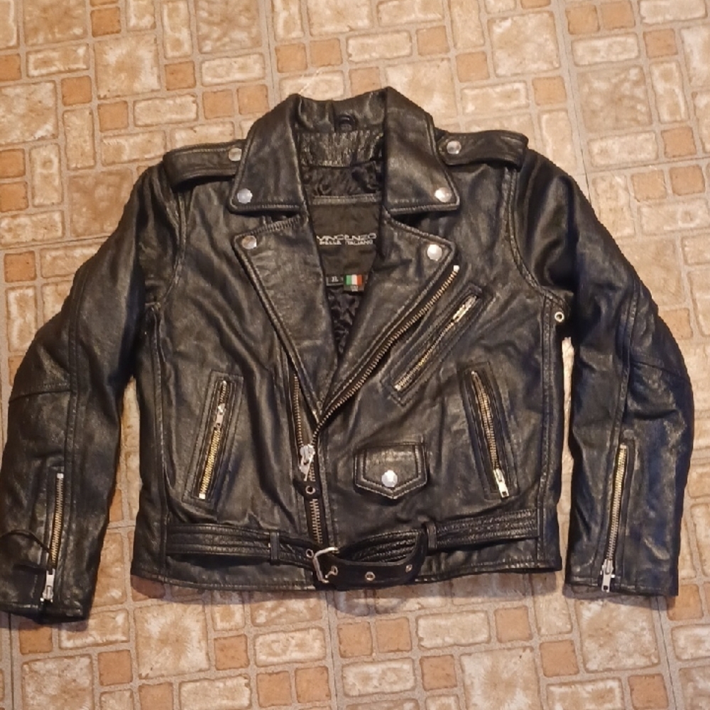 Children's Black Biker Jacket Leather Made In Italy Size Large